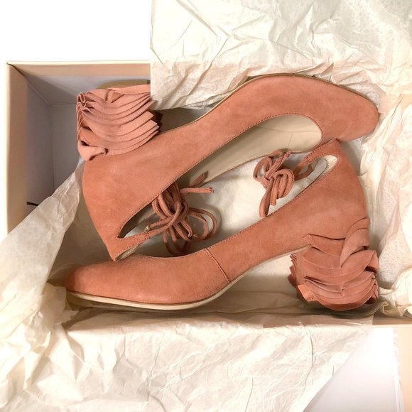 NWT Loeffler Randall pink suede leather ruffled block heel Clea pump - Picture 7 of 12